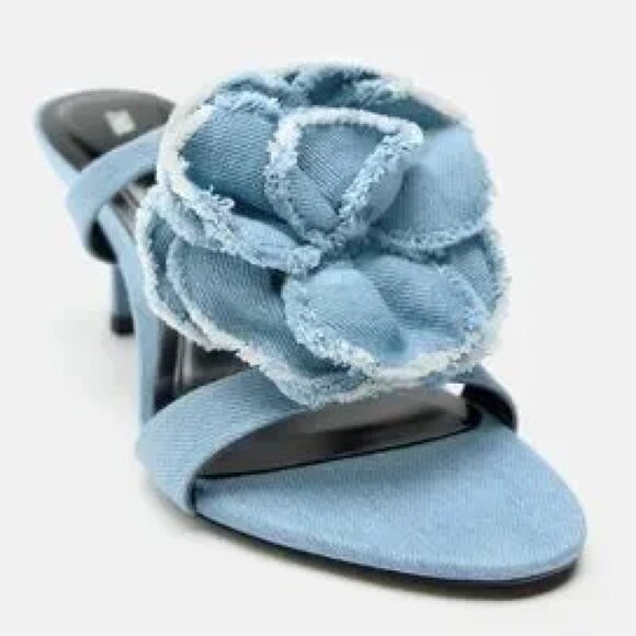 Zara Woman Floral Heeled High Heel Denim Sandals - Picture 3 of 4